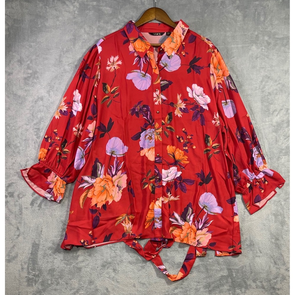 IMAN Floral Button Front Blouse Womens 3XP Red NWOT Ruffle Cuff Tie Hem